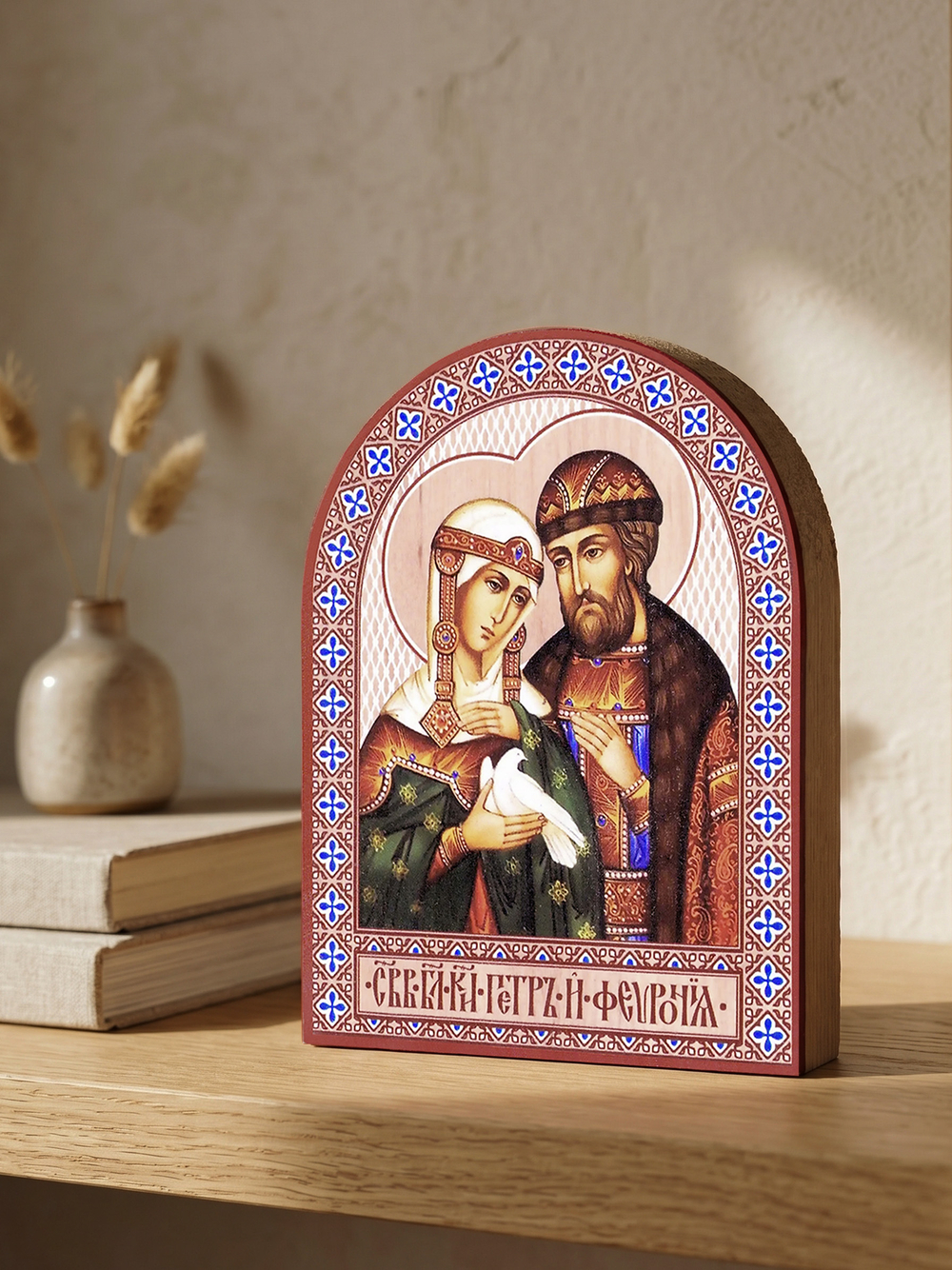 Икона аркой Петр и Феврония (с голубем), блг.князья на дереве: 95 х 120 (Синопсисъ)