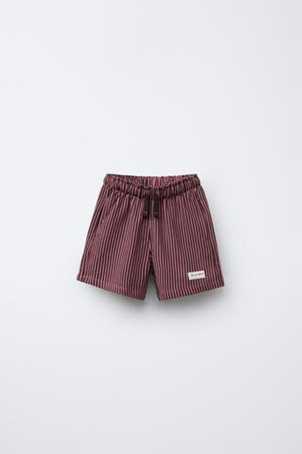 ZARA ШОРТЫ ИЗ МЯГКОЙ ТКАНИ В ПОЛОСКУ С НАШИВКОЙ, ТЕМНО-РОЗОВЫЙ