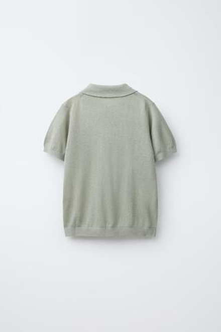 ZARA ПОЛО ИЗ ХЛОПКА И ЛЬНА, ЗЕЛЕНЫЙ