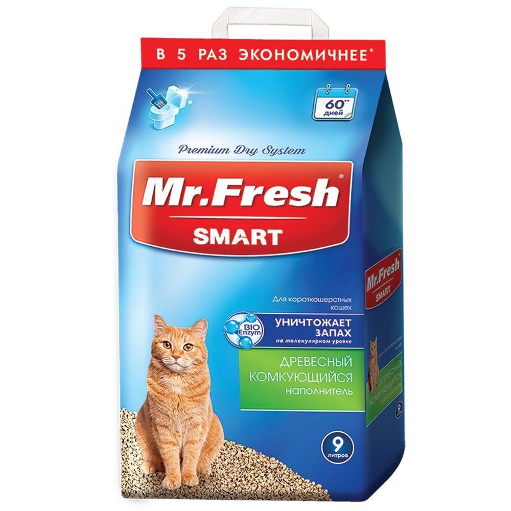 Наполнитель Mr.Fresh Smart комкующ. древесн. для короткош.кошек 9 л F602