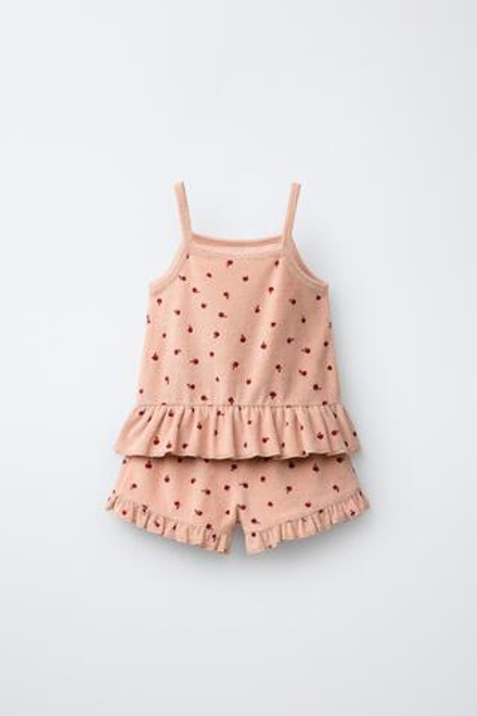 ZARA КОМПЛЕКТ ИЗ ФУТБОЛКИ И ШОРТОВ С ЦВЕТОЧНЫМ УЗОРОМ ИЗ МАХРОВОЙ ТКАНИ, ПАСТЕЛЬНО-РОЗОВЫЙ