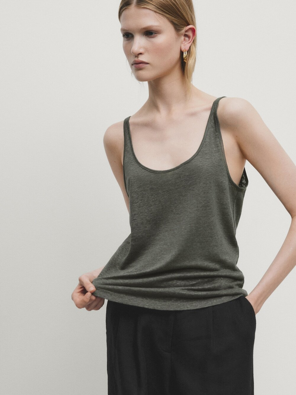 Massimo Dutti Топ из 100% льна на бретелях, темно-зеленый