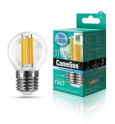 Лампа светодиодная филаментная LED12-G45-FL/845/E27 12Вт 220В Camelion 13715