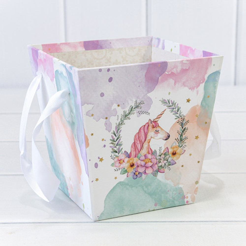 Коробка Ваза для цветов 14.5х14.5х15 см "Единорог" с ручками (Белый)