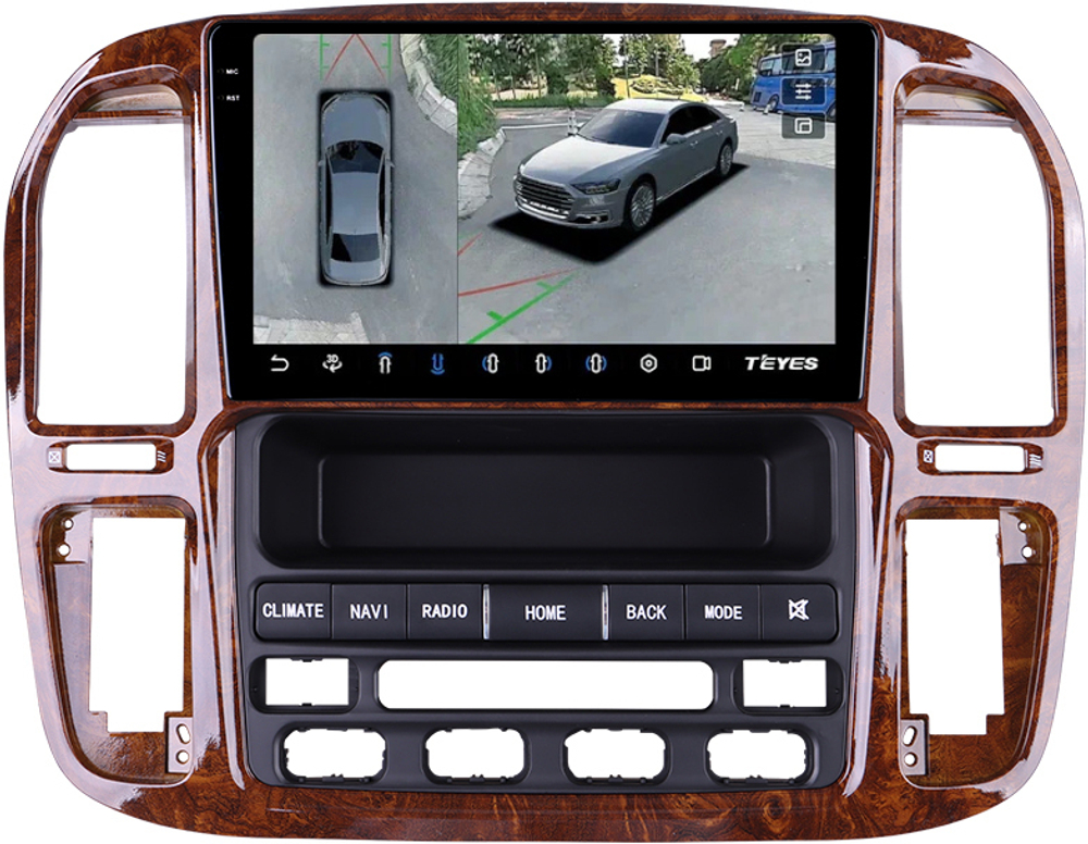 Магнитола для Toyota Land Cruiser 100, Lexus LX470 1998-2002 (климат на ШГУ, рамка дерево) - Teyes CC3-2K-360 монитор 9.5" 2K QLED на Android 10, 6+128Гб, CarPlay, 4G SIM-слот, 4 камеры в комплекте