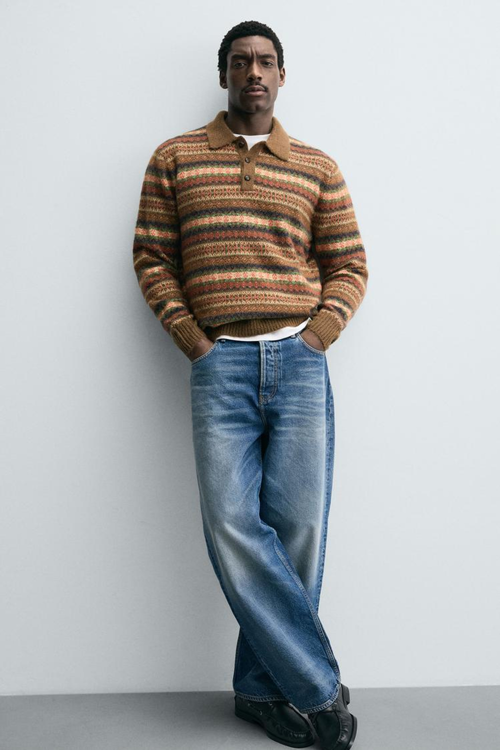 ZARA ТРИКОТАЖНОЕ ПОЛО ЖАККАРДОВОЕ ГЕОМЕТРИЧЕСКОЕ, КОРИЧНЕВЫЙ