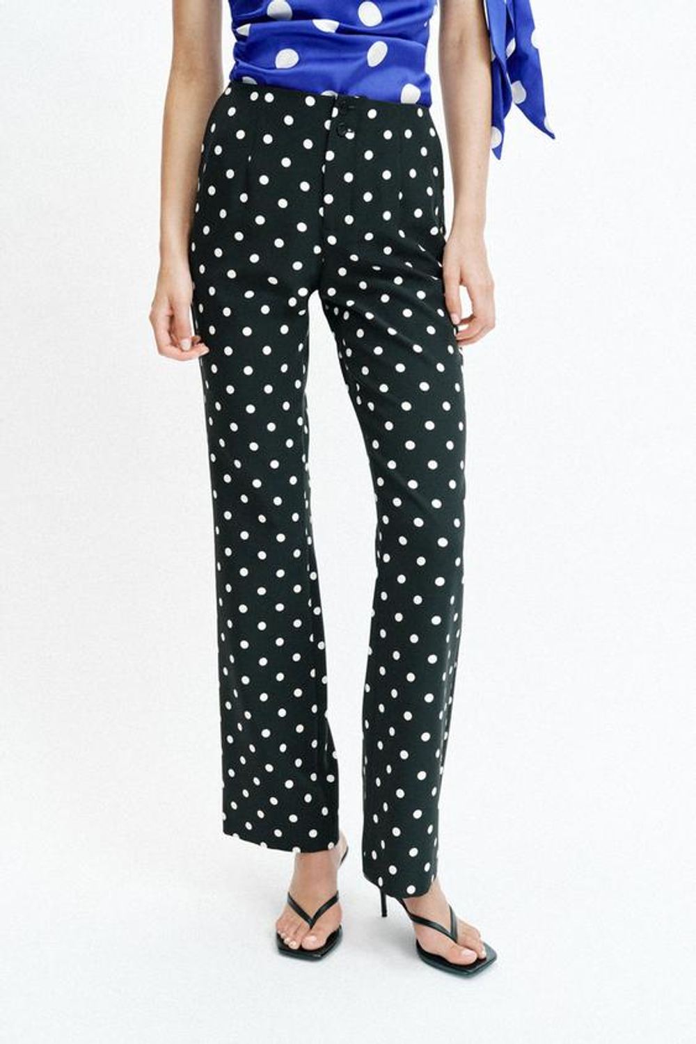 ZARA БРЮКИ FLARE В ГОРОШЕК, ЧЕРНЫЙ/ЭКРЮ