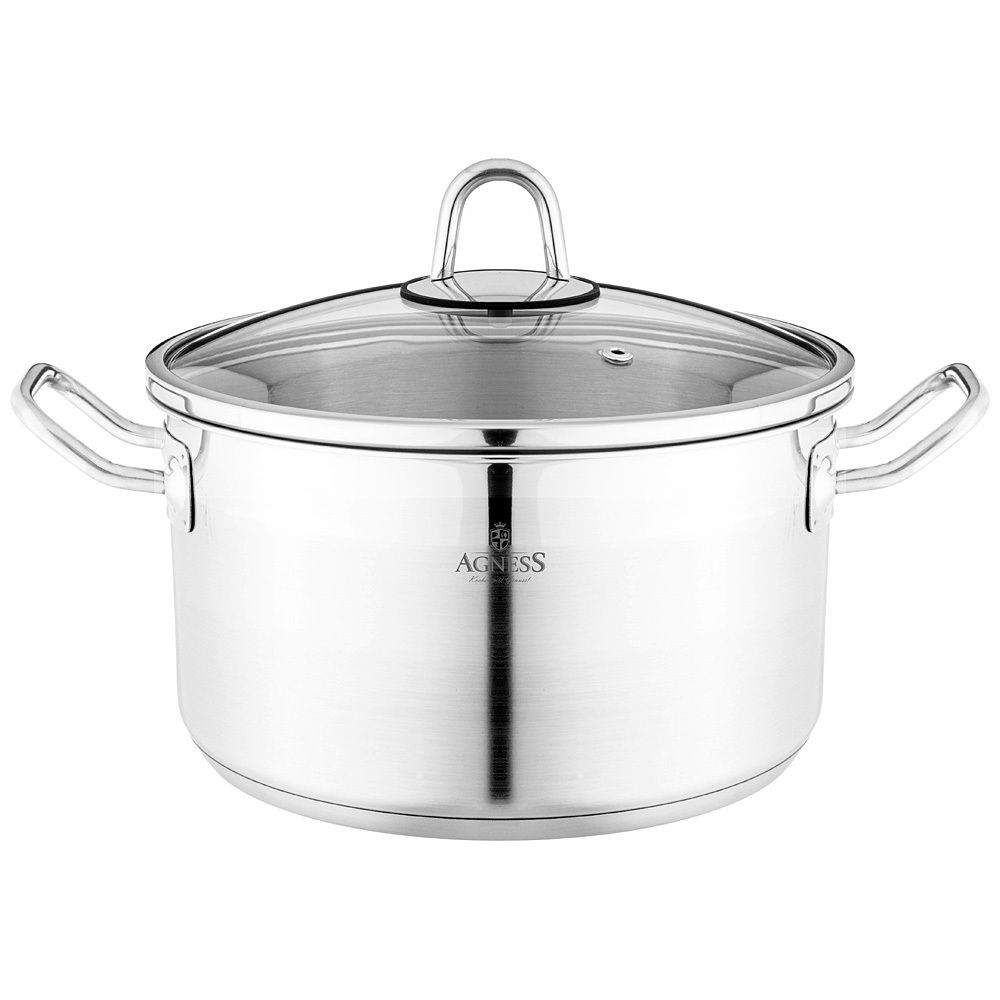 КАСТРЮЛЯ AGNESS 22X12 СМ 4,2 Л ВЫСОКОКАЧЕСТВЕННАЯ НЕРЖ СТАЛЬ 18/10 СО СТЕКЛ.КРЫШКОЙ
