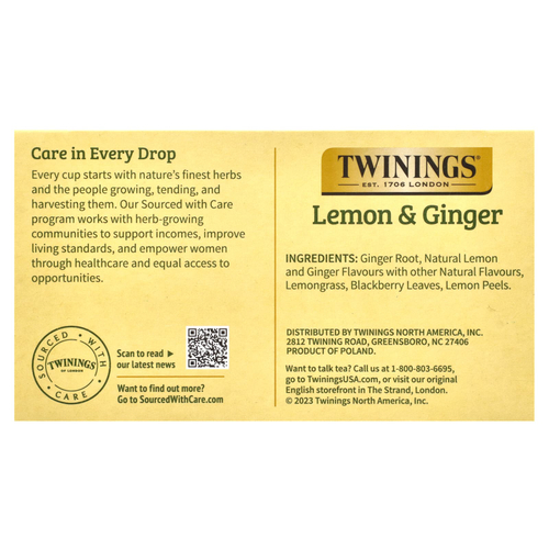 Twinings, ароматизированный травяной чай, лимон и имбирь, без кофеина, 50 чайных пакетиков, 75 г (2,65 унции)