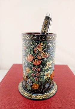 Набор Стакан для ручек "Цветы" и шариковая авторуручка с росписью Холуй