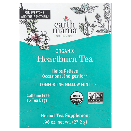 Earth Mama, Organics, органический чай от изжоги, успокаивающая мята, без кофеина, 16 чайных пакетиков, 27,2 г (0,96 унции)