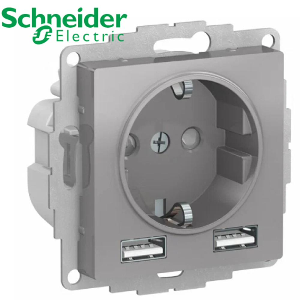 Розетка с/з + 2 USB (алюминий) AtlasDesign Schneider ATN000330