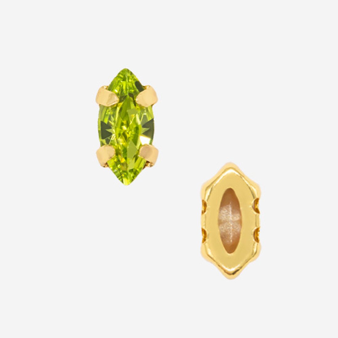 Кристалл Маркиз (Marquise Fancy Stone) в цапах, оттенок "Olivine", 6*3мм, позолота