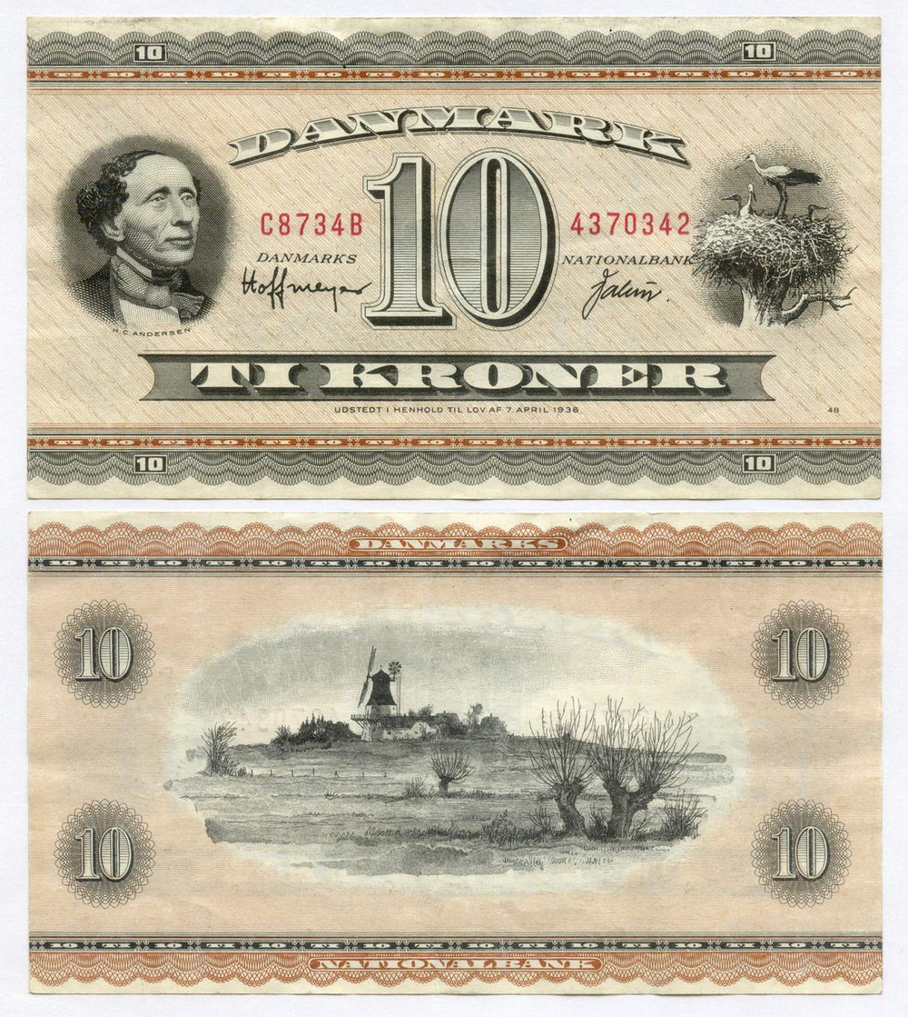 Банкнота Дания 10 крон 1951 (1973) год C8734B 4370342 (Андерсен). VF-XF