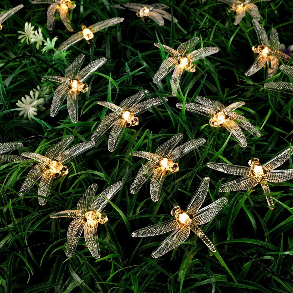 Гирлянда для улицы «Стрекоза» 3 м 20 ламп LED чёрный провод, 2 реж.,IP-55, Теплый белый (солнечная батарея)