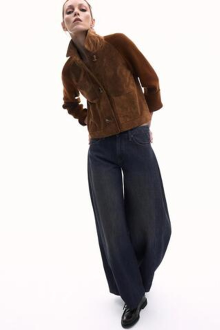 ZARA ДЖИНСЫ ZW COLLECTION WIDE LEG СО СРЕДНЕЙ ПОСАДКОЙ И БОКОВЫМИ СКЛАДКАМИ, СИНИЙ