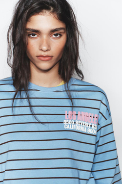 ZARA ФУТБОЛКА В ПОЛОСКУ С НАДПИСЬЮ, СИНИЙ