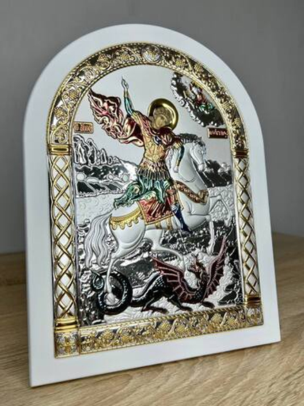 Георгий Победоносец, икона арочная, белое дерево, эмаль 150х200