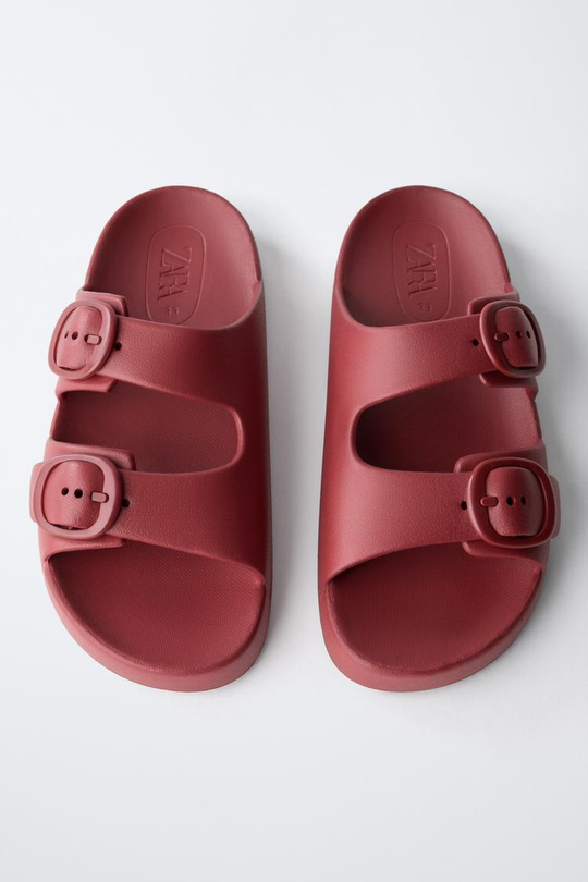 ZARA РЕЗИНОВЫЕ ТАПОЧКИ С ПРЯЖКАМИ, ГРАНАТОВЫЙ