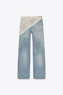 ZARA ДЖИНСЫ TRF WIDE-LEG СО СРЕДНЕЙ ПОСАДКОЙ И ВЯЗАНОЙ ДЕТАЛЬЮ, СИНИЙ