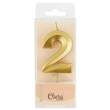 Свеча Цифра 2 Грани Золото Металлик 4,2*6 + 4,5 см.