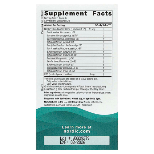 Nordic Naturals, Nordic Flora Probiotic, Comfort, 15 млрд КОЕ, 30 капсул