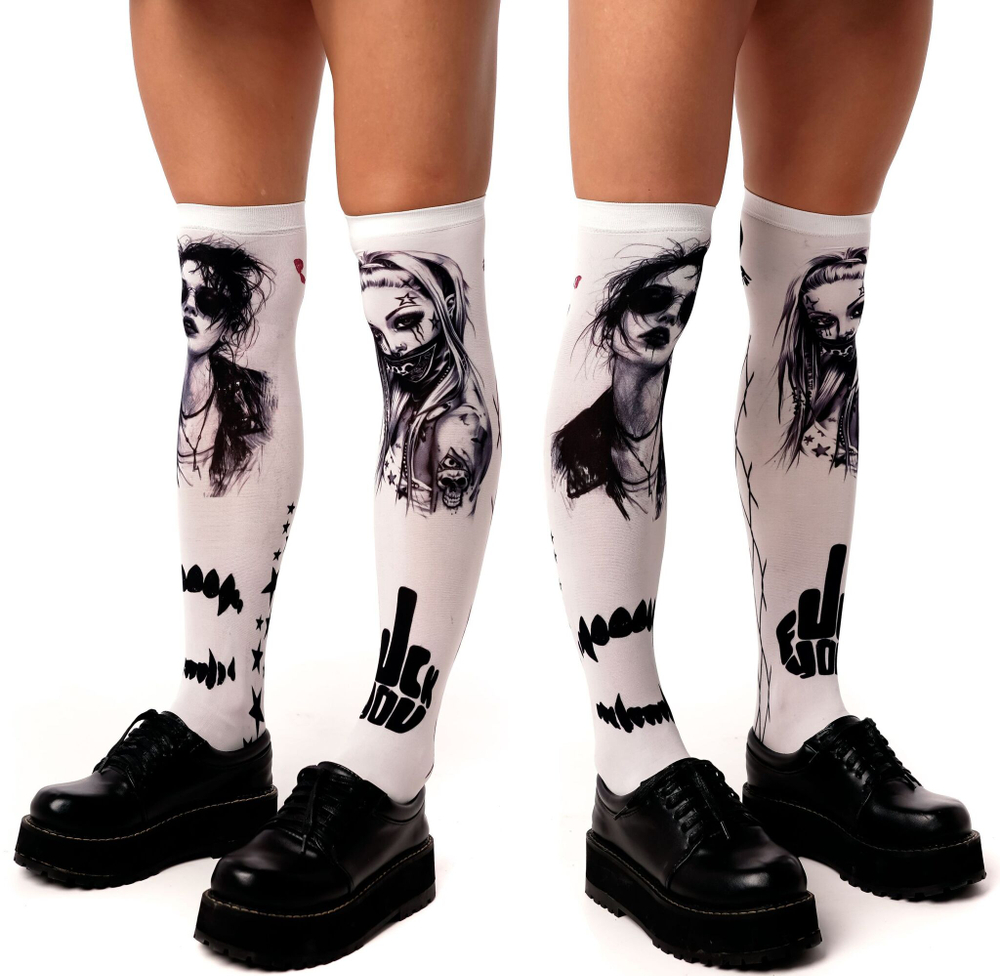 Белые гольфы с несколькими принтами-тату (Цвет: белый)