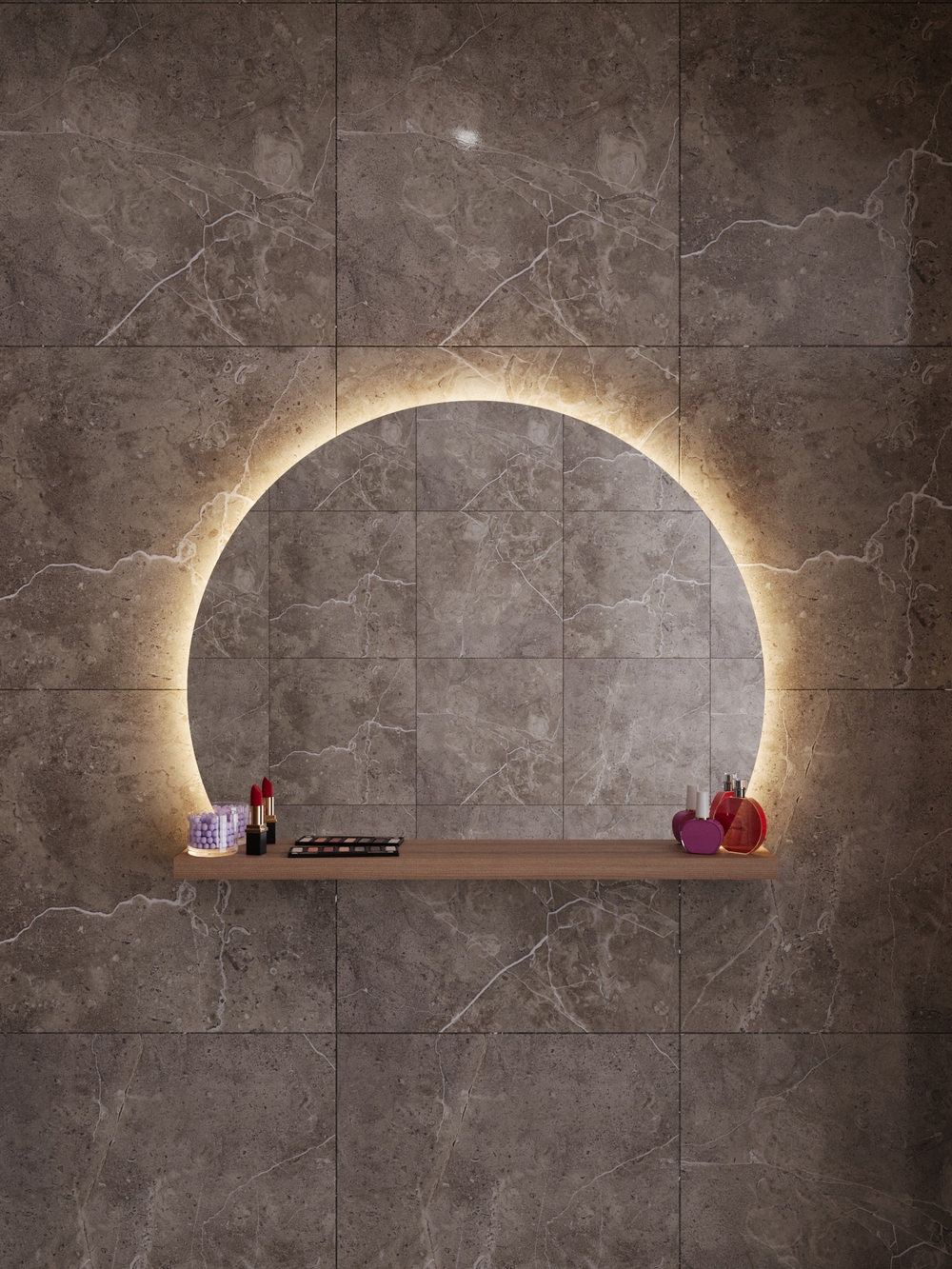 Круглое усеченное зеркало с полкой для ванной комнаты. LED подсветка