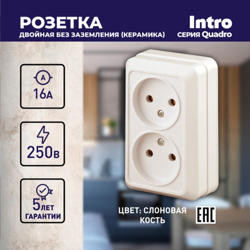 Розетка Intro Quadro 2-203-02 двойная без заземления 2х2P 16А-250В IP20 ОУ Quadro слоновая кость