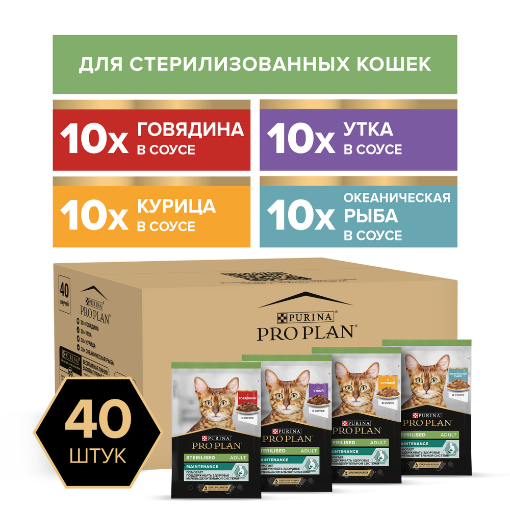 Влажный корм Pro Plan Sterilised для взрослых кошек мультипак микс с говядиной, курицей, уткой, океанической рыбой в соусе 85 г х 40 шт