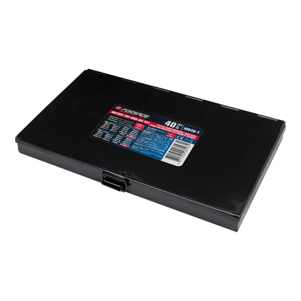 Набор метчиков и плашек метрич. 40пр(М3х0.5/0.6, М4х0.7/0.75, М5х0.8/0.9, М6х0.75/1, М7х0.75/1,М8х1/1.25, М10х1.25/1.5, М12х1.5/1.75)в метал. кейсе Forsage F-M040-1