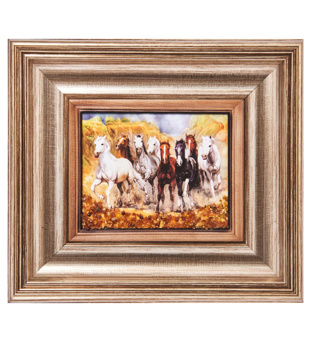 AMB-04/26 Картина «Лошади» (с янтарной крошкой) L-18см