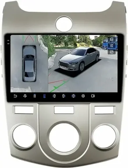 Магнитола для KIA Cerato 2 2008-2013 (кондиционер, рамка серебро) - FarCar BX7093CNS-360 на Android 13, 2K QLED, 6Гб+128Гб, CarPlay, 4G SIM-слот, 4 камеры в комплекте