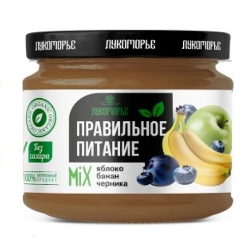 Яблоко, банан, черника. без добавления сахара 0,280л.