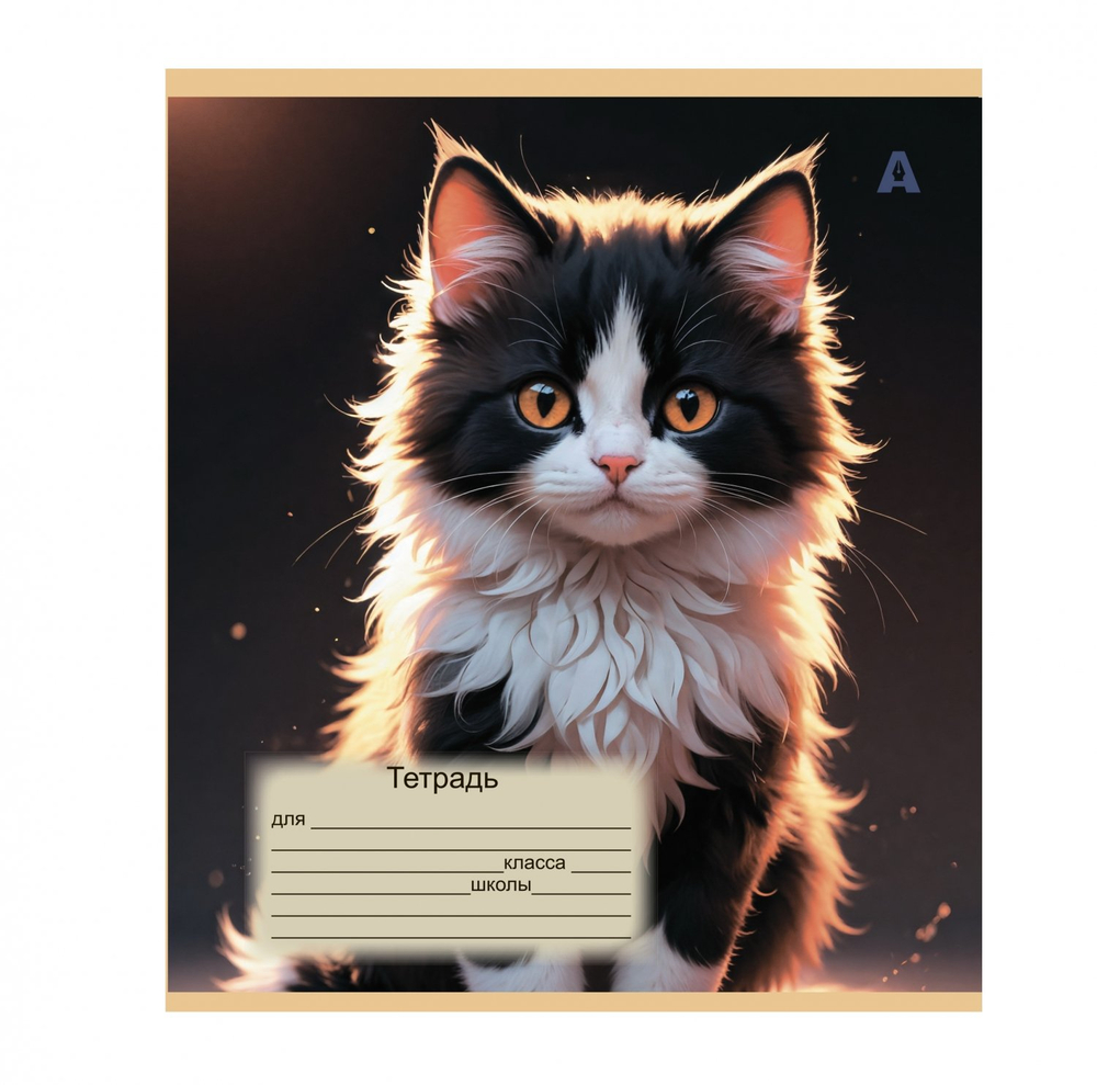 Тетрадь 12л., клетка, Alingar, скрепка, блок офсет, 100% белизна, мелованный картон (стандарт), "Милые котята", 5 дизайнов в пленке т/у