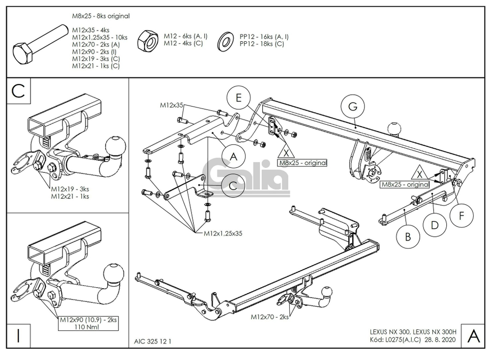 Фаркоп оцинкованный Galia L027C для LEXUS NX 300H, NX 300 2014-(паспорт и сертификат в комплекте)(без электрики)