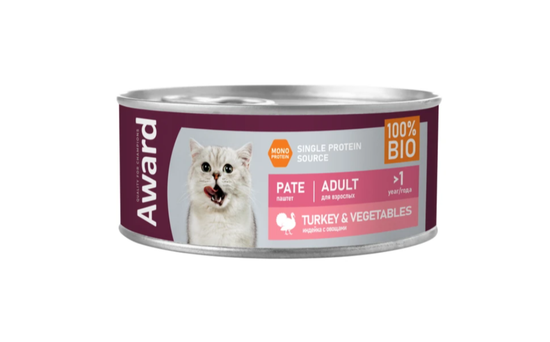 Влажный корм AWARD для взрослых кошек паштет из индейки с овощами