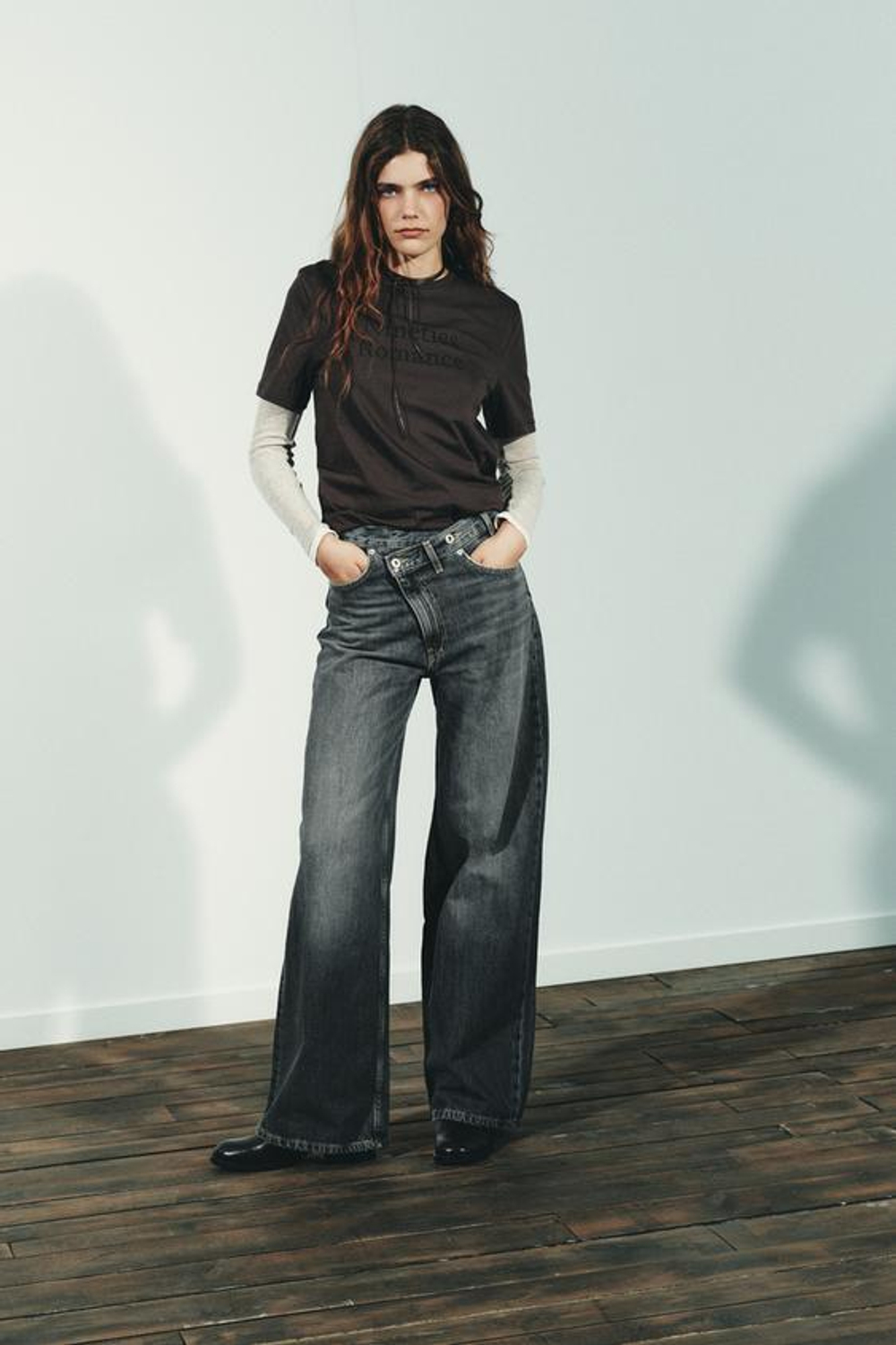 ZARA ДЖИНСЫ TRF WIDE LEG С ПЕРЕКРЕСТНОЙ ТАЛИЕЙ И ВЫСОКОЙ ПОСАДКОЙ, АНТРАЦИТОВО-СЕРЫЙ