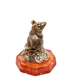 Народные промыслы AM- 462 Фигурка «Мышь денежная на монетах» (латунь, янтарь)