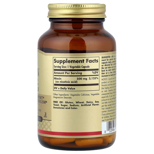 Solgar, Ниацин (витамин B 3), 500 мг, 100 растительных капсул