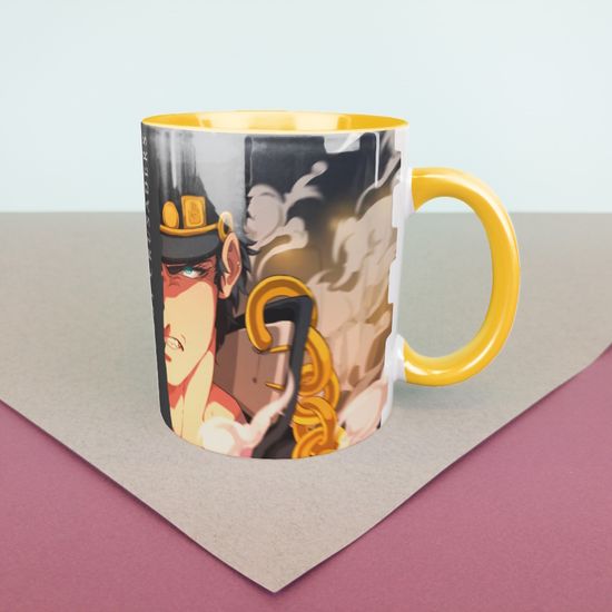 Кружка керамическая объем 330мл, "Джотаро и Дио" (жёлтая)