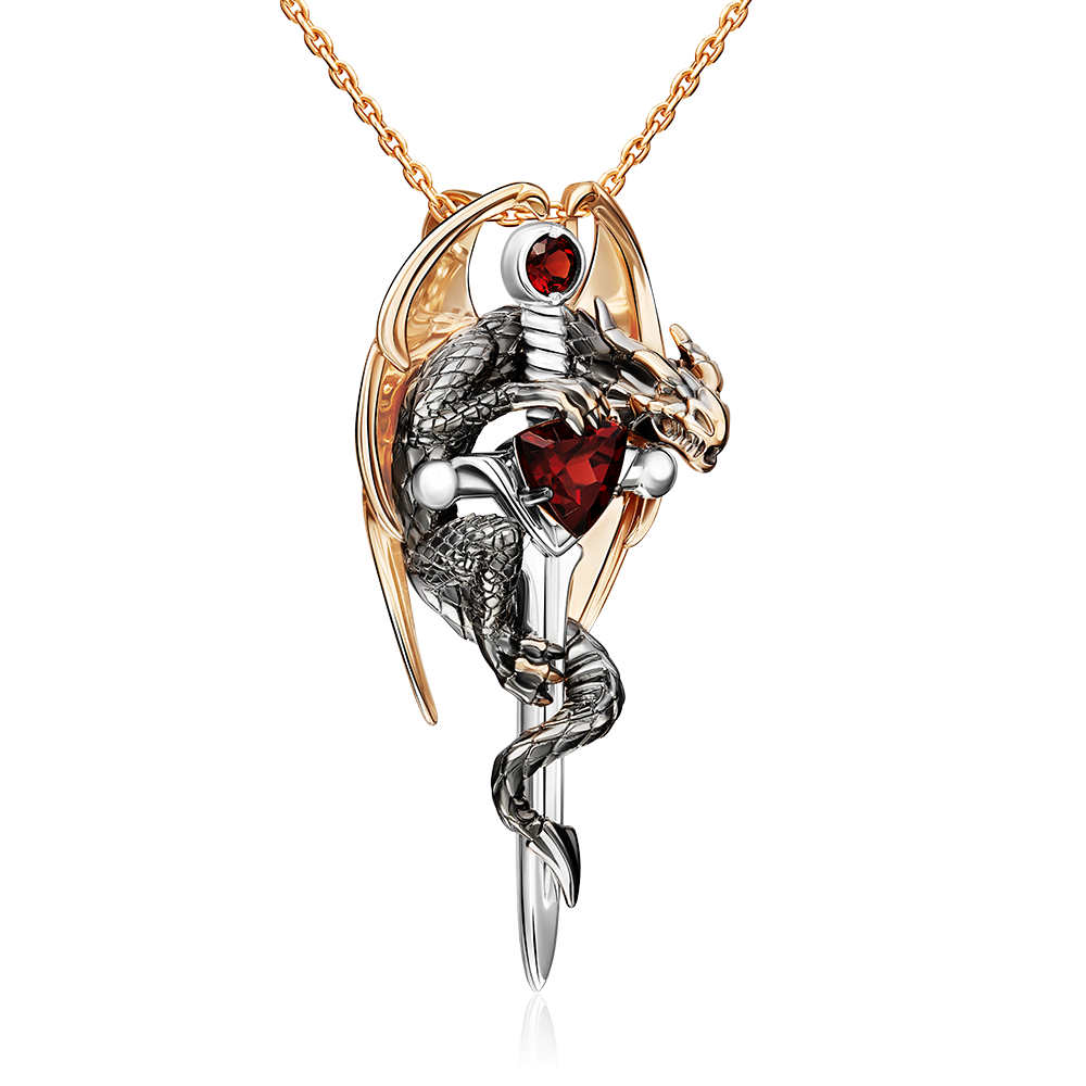 Подвеска «Дракон с мечом» из комбинированного золота с гранатами