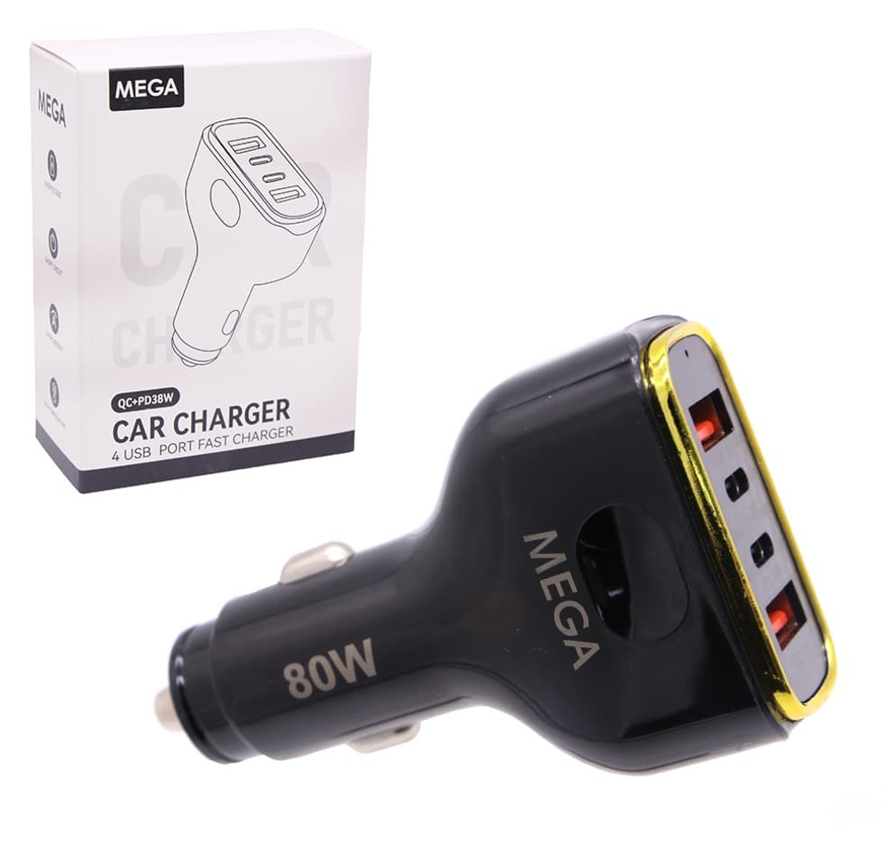 Автомобильный адаптер питания MEGA CM02 2A+2C 80W (черный)