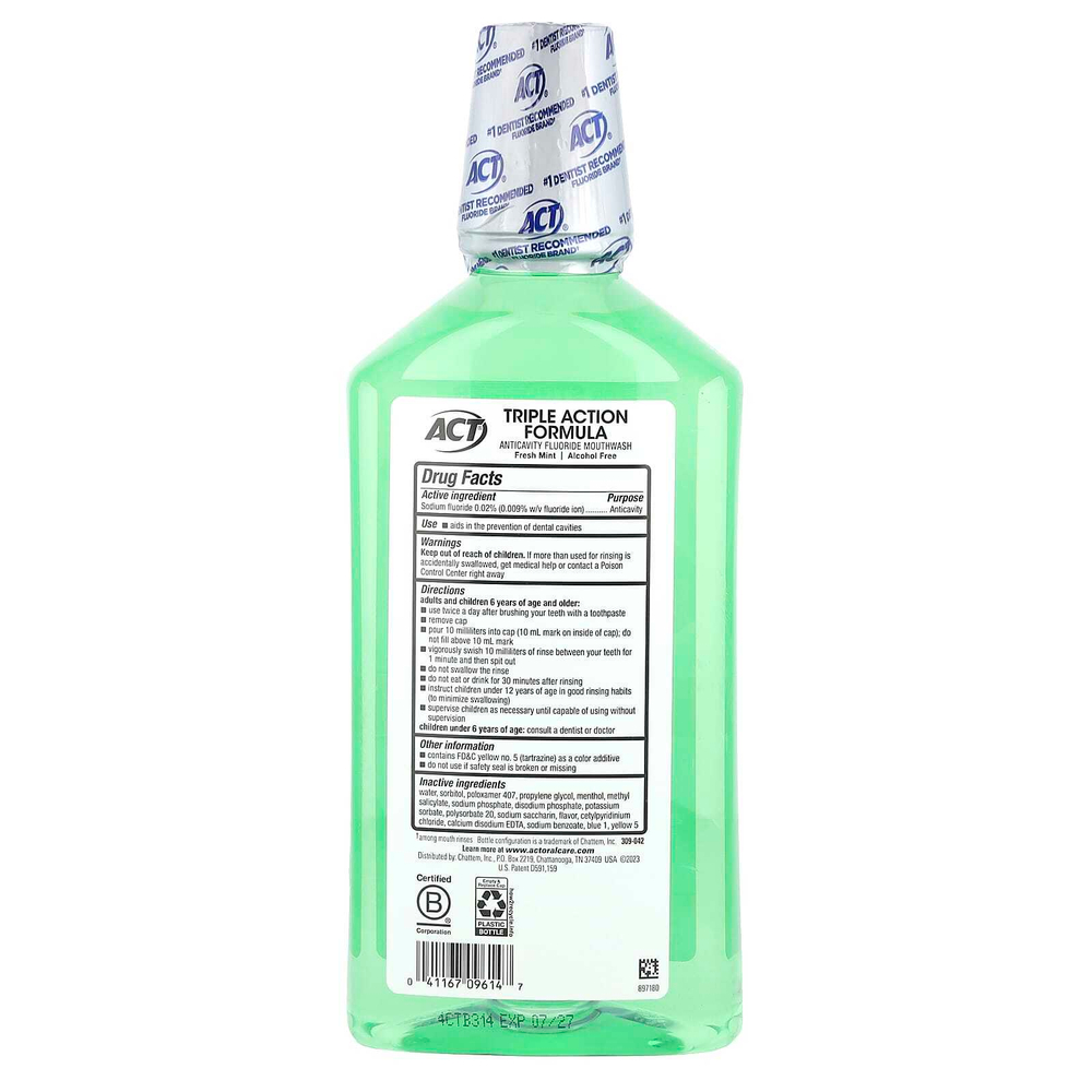 Act, Total Care, ополаскиватель для рта с фторидом, против кариеса, без спирта, свежая мята, 1 л (33,8 жидк. унции)