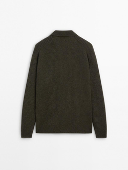 Massimo Dutti Шерстяной свитер с воротником поло, зеленоватый