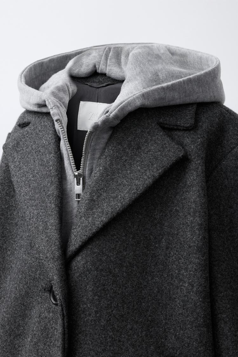 ZARA ДЛИННОЕ ПАЛЬТО СО СЪЕМНЫМ КАПЮШОНОМ, СЕРЫЙ