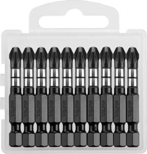 Биты, тип хвостовика E 1/4, PZ3, 50мм, 10шт, в пластиковом боксе, KRAFTOOL Impact Pro, Pozidriv, 26193-3-50-S10