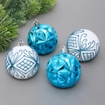 Новогодние шары 7 см (набор 4 шт) «Симфония леса», голубой/белый