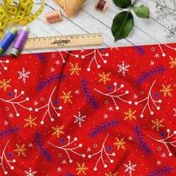 Ткань таффета хвойные ветки и снежинки на красном фоне