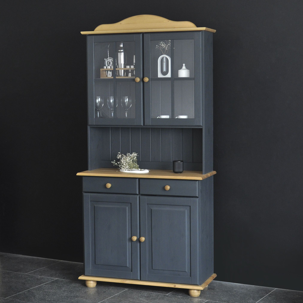 Шкаф витрина 90х39х192, Лена, стеклянная, трехдверный, массив сосны, буфет для кухни, для посуды, серый, Dipriz